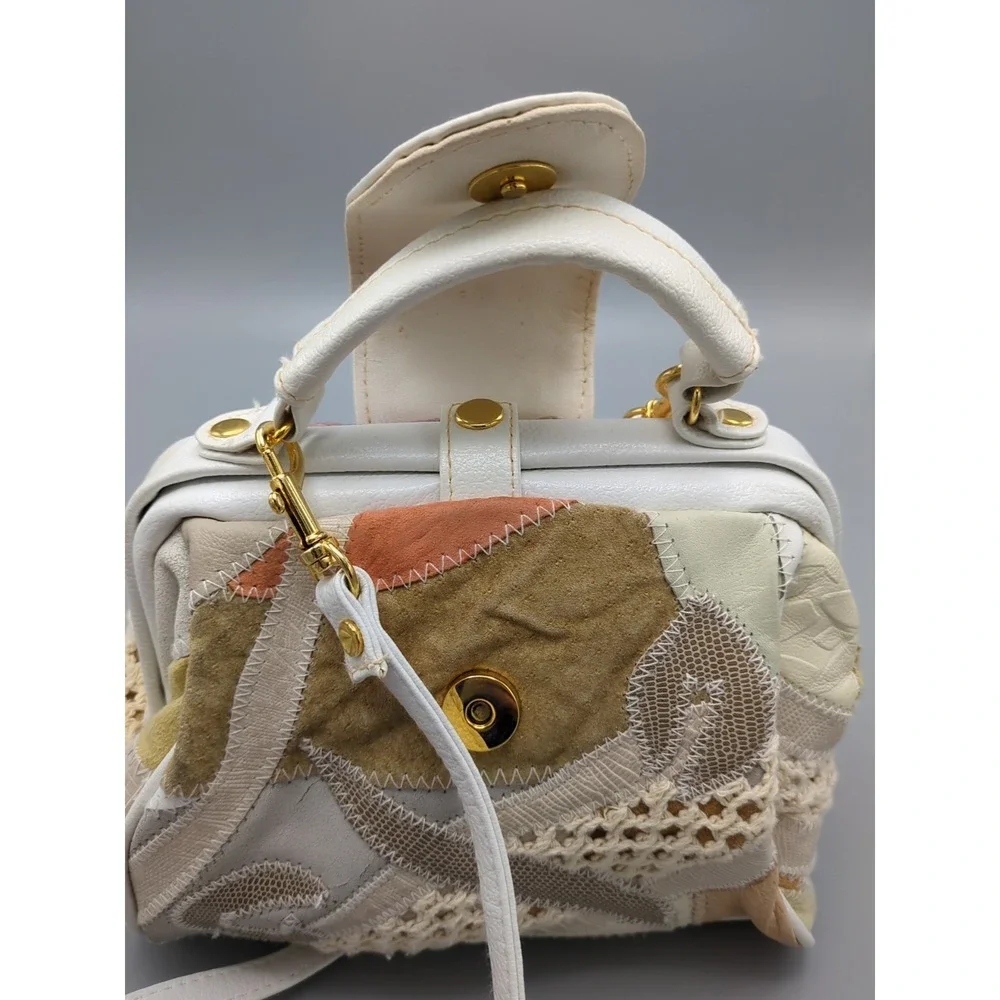 Vtg 80s White Pastel Patchwork Purse Leather Crochet‎ Shoulder Handbag Crossbody